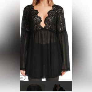 FREE PEOPLE MAGDALENE CROCHET SHEER BLACK BABYDOLL TUNIC TOP NWT